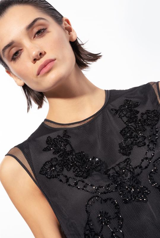 rochii scurte | rochie mini din tul cu broderie tatuata Pinko limuzina neagră B0D08117