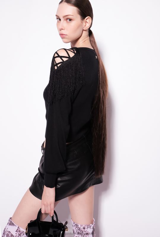 săritori | pulover cu nervuri cu detaliu cu franjuri Pinko limuzina neagră B0D08506