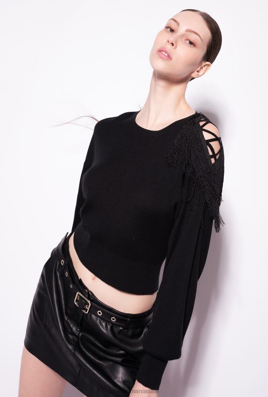 săritori | pulover cu nervuri cu detaliu cu franjuri Pinko limuzina neagră B0D08506