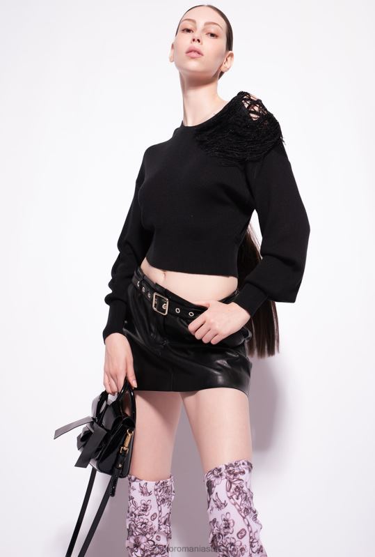 săritori | pulover cu nervuri cu detaliu cu franjuri Pinko limuzina neagră B0D08506