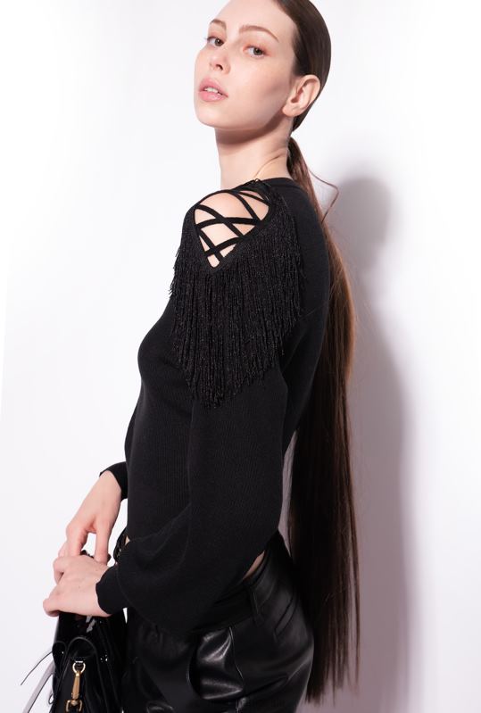 săritori | pulover cu nervuri cu detaliu cu franjuri Pinko limuzina neagră B0D08506