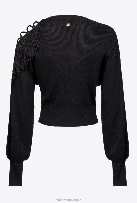 săritori | pulover cu nervuri cu detaliu cu franjuri Pinko limuzina neagră B0D08506
