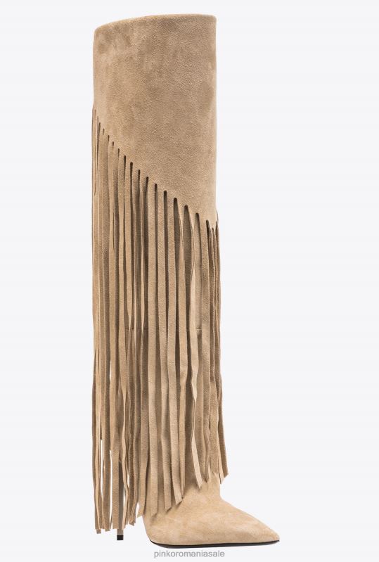 cizme | cizme de piele intoarsa cu franjuri Pinko bej-taup deschis B0D081100