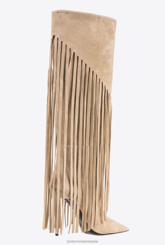 cizme | cizme de piele intoarsa cu franjuri Pinko bej-taup deschis B0D081100