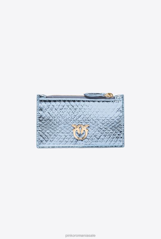 genți clutch | Suport card galleria cu fermoar din piele de reptilă laminată Pinko albastru deschis-aur strălucitor B0D081179