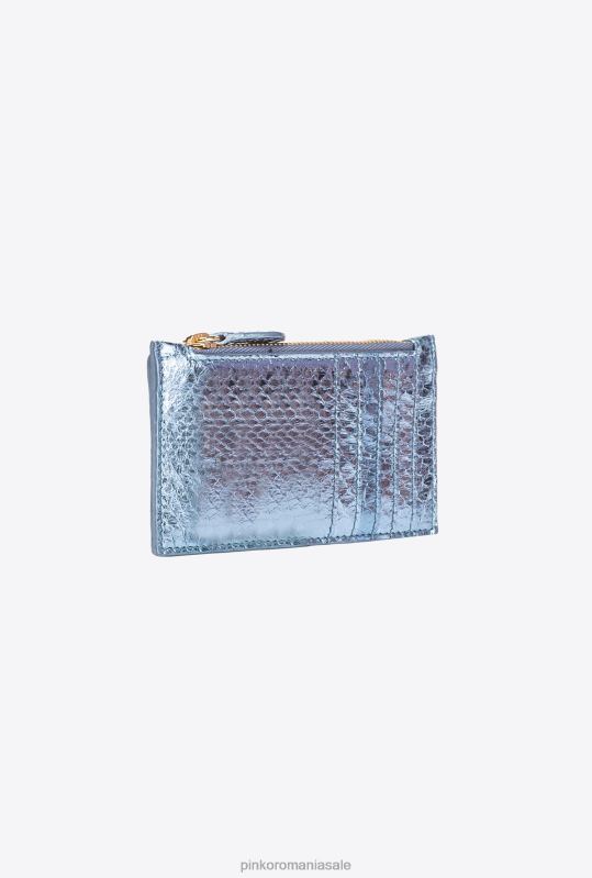 genți clutch | Suport card galleria cu fermoar din piele de reptilă laminată Pinko albastru deschis-aur strălucitor B0D081179