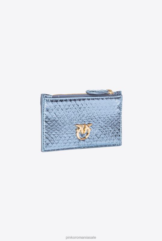 genți clutch | Suport card galleria cu fermoar din piele de reptilă laminată Pinko albastru deschis-aur strălucitor B0D081179