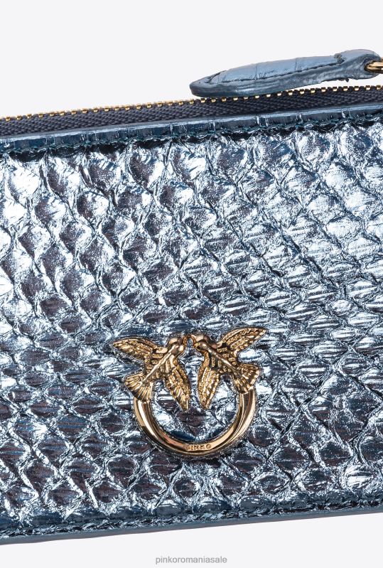 genți clutch | Suport card galleria cu fermoar din piele de reptilă laminată Pinko albastru deschis-aur strălucitor B0D081179