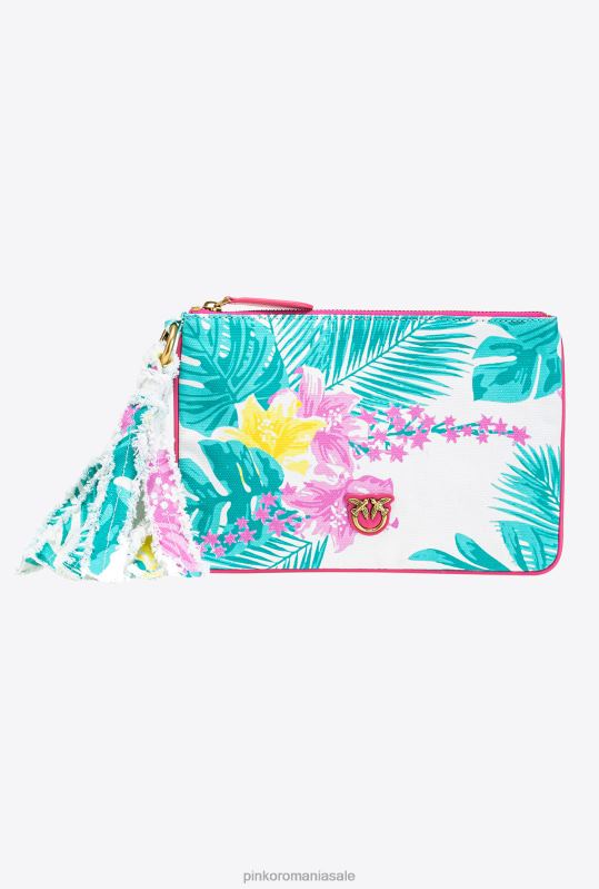 genți clutch | geantă plată din pânză reciclată cu imprimeu Pinko mult. alb/galben B0D081276