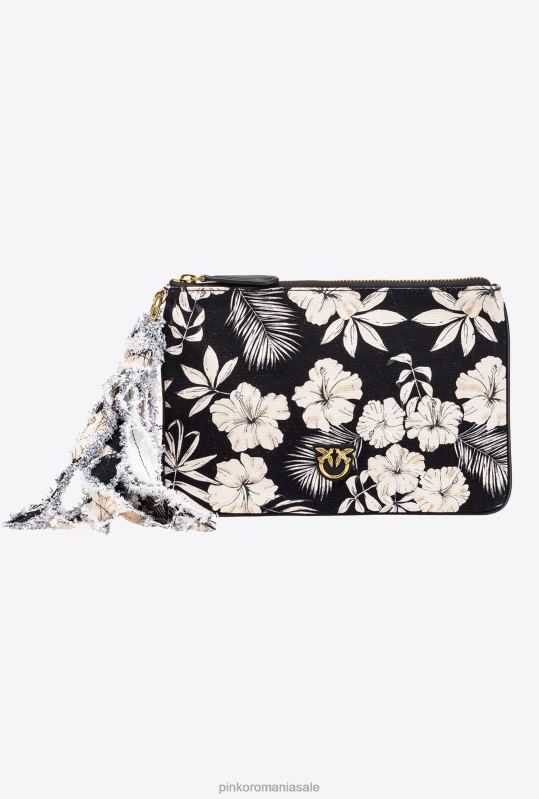genți clutch | geantă plată din pânză reciclată cu imprimeu Pinko negru/unt B0D081279
