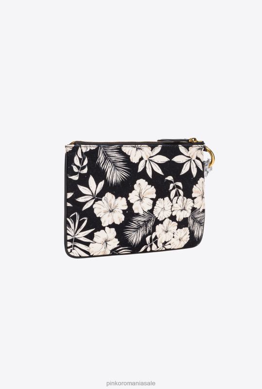 genți clutch | geantă plată din pânză reciclată cu imprimeu Pinko negru/unt B0D081279