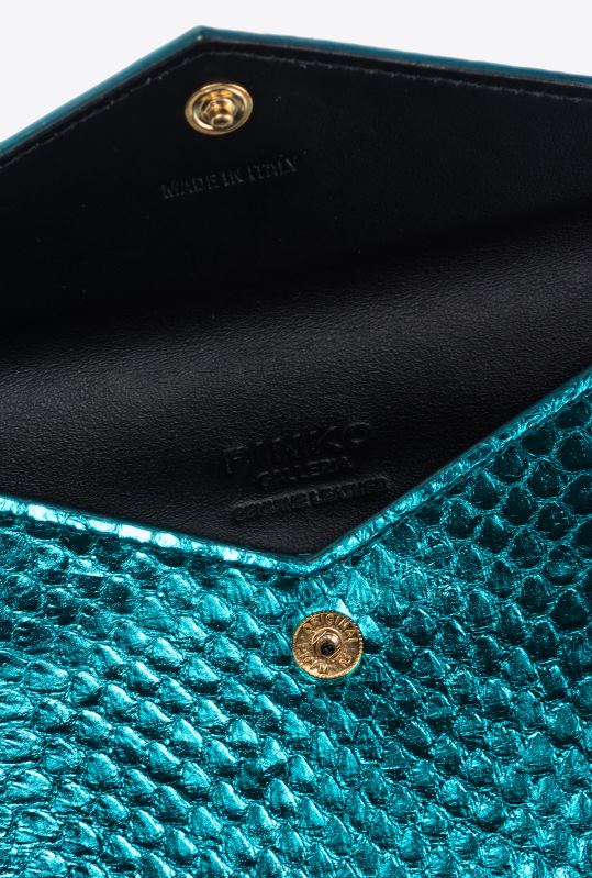 genți clutch | suport de card galleria plat din piele de reptilă laminată Pinko auriu strălucitor de benzină B0D081171