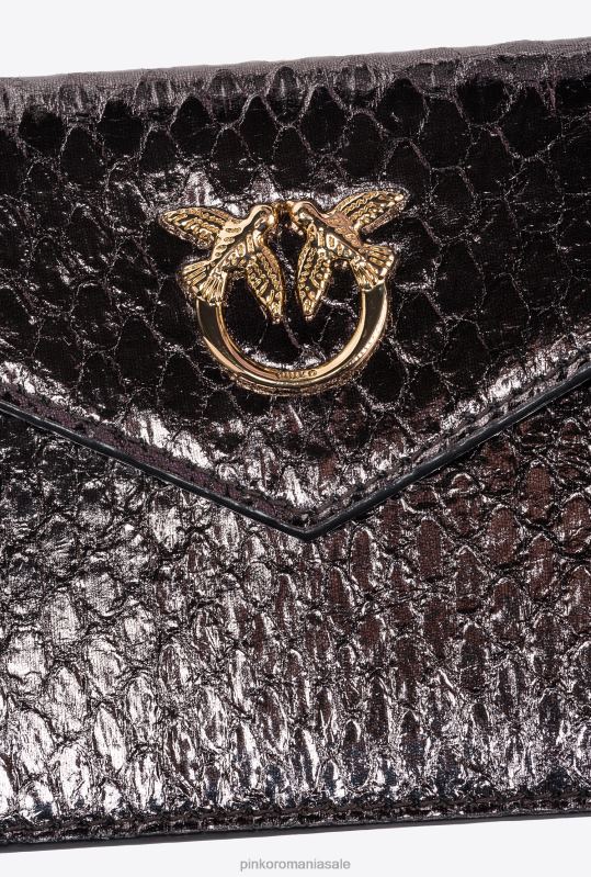 genți clutch | suport de card galleria plat din piele de reptilă laminată Pinko gunmetal gri-aur strălucitor B0D081170