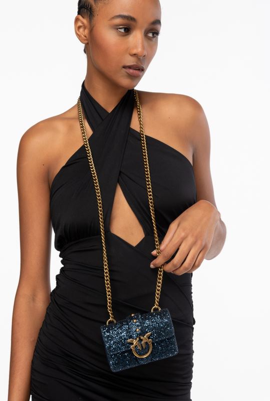 genți microlove | geantă micro love sclipici granulată Pinko clematis albastru-aur antic B0D081210